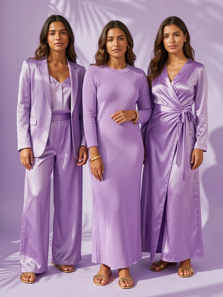 Jovem em jumpsuit e vestido lavanda, tecidos de seda e malha, luz tropical suave e fundo difuso.