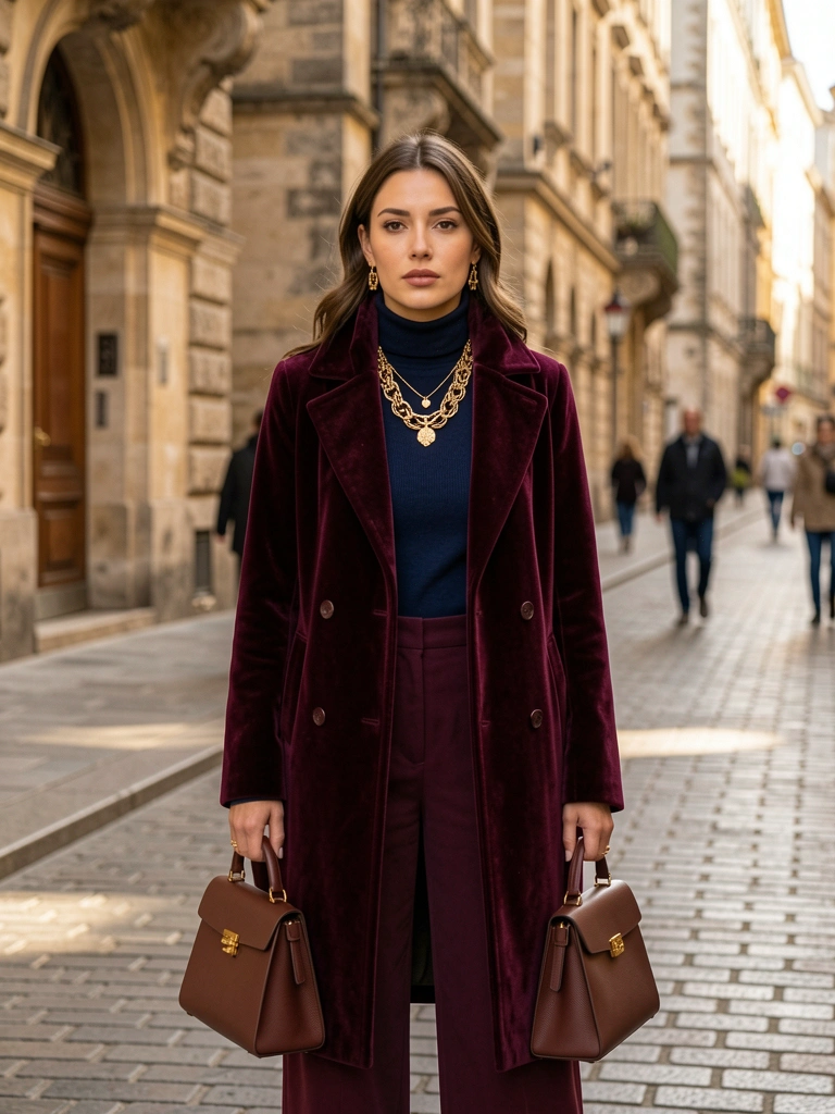 Mulher de casaco vinho e calça azul-marinho em rua europeia de pedra, luz natural da tarde.