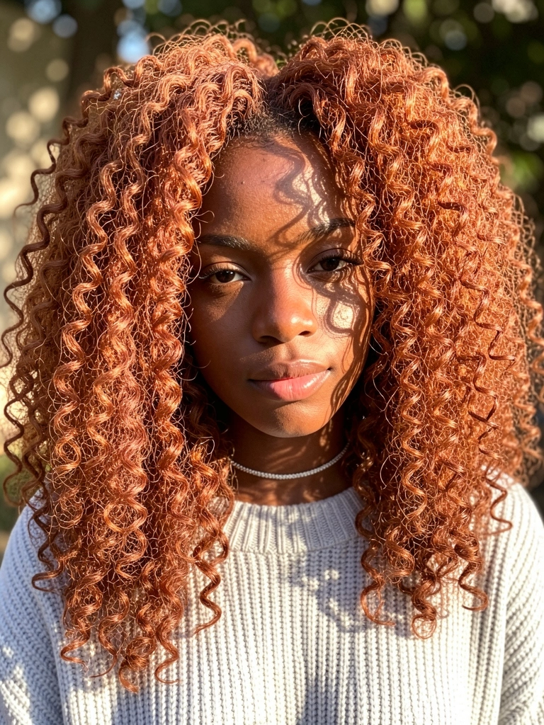 Jovem negra de cabelos crespos ruivos volumosos sob luz suave, suéter cinza e colar prateado, fundo desfocado com sol.