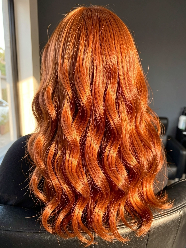 Cabelo ruivo vibrante em ondas soltas, brilhando sob luz natural, com fundo de parede cinza e cadeira de couro preta.
