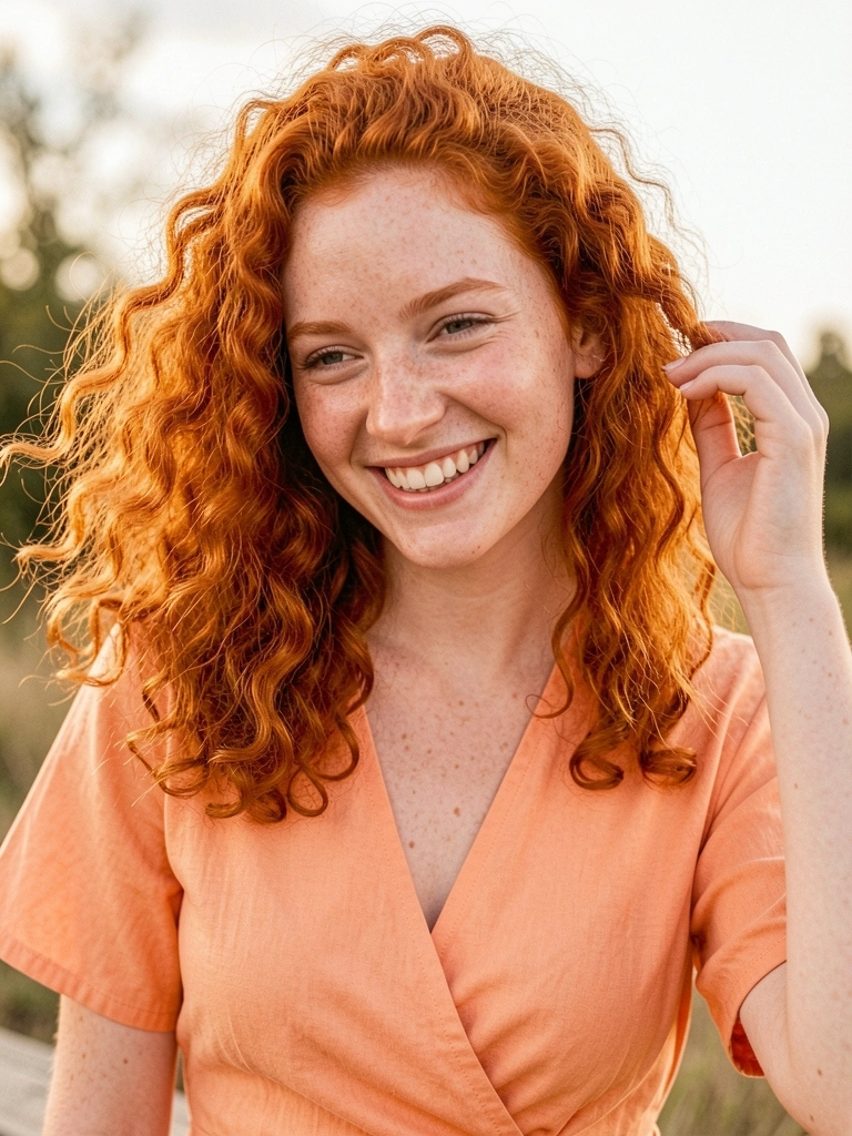 Mulher jovem com cabelo cacheado ruivo ao vento, sorrindo e tocando os fios, vestido laranja claro, luz natural quente.