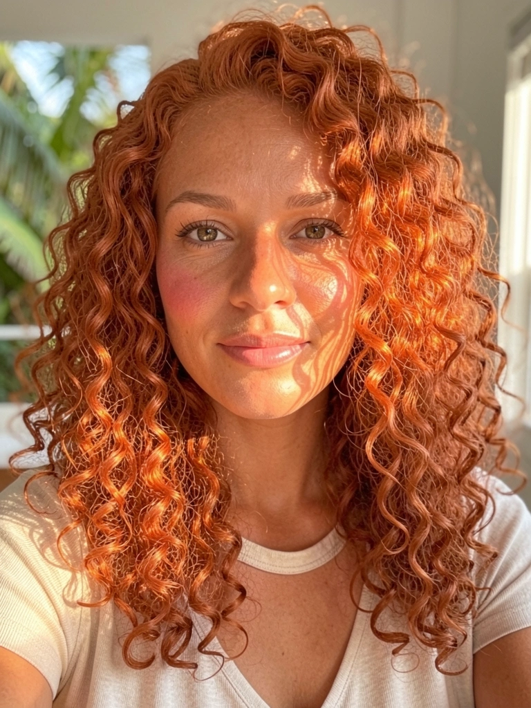 Mulher de cabelo ruivo cacheado com reflexos de luz, pele levemente bronzeada e blusa clara, fundo desfocado com luz tropical.