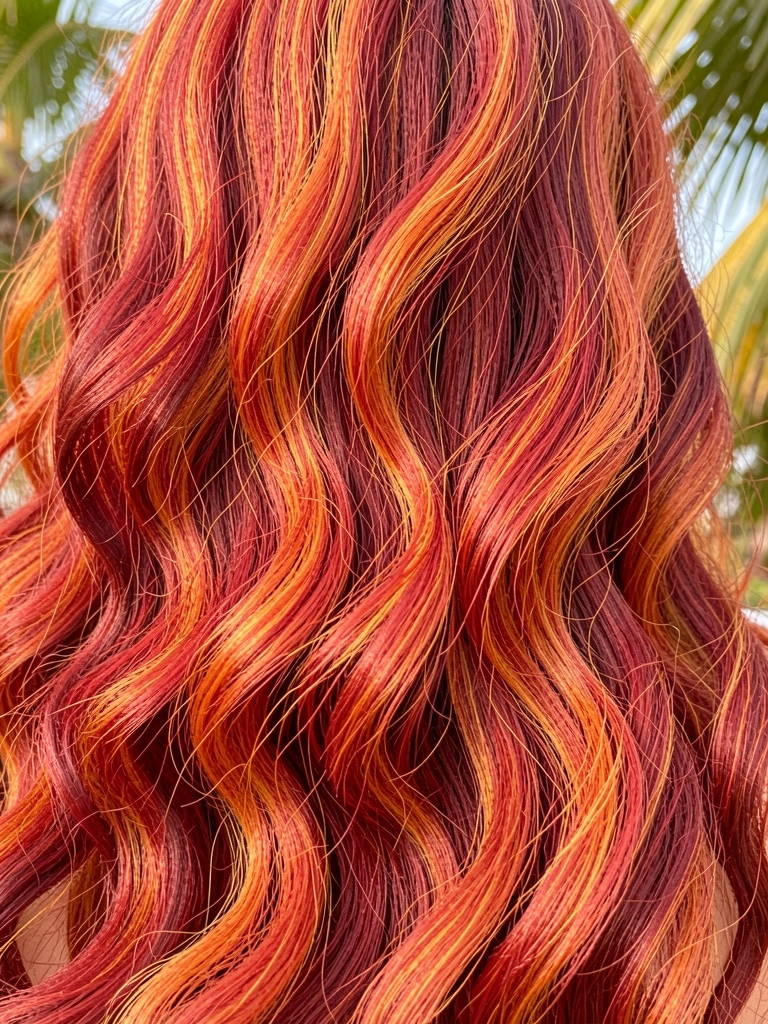 Cachos volumosos em tons de vermelho intenso e laranja queimado, com mechas vibrantes iluminadas por luz natural suave e fundo tropical desfocado.
