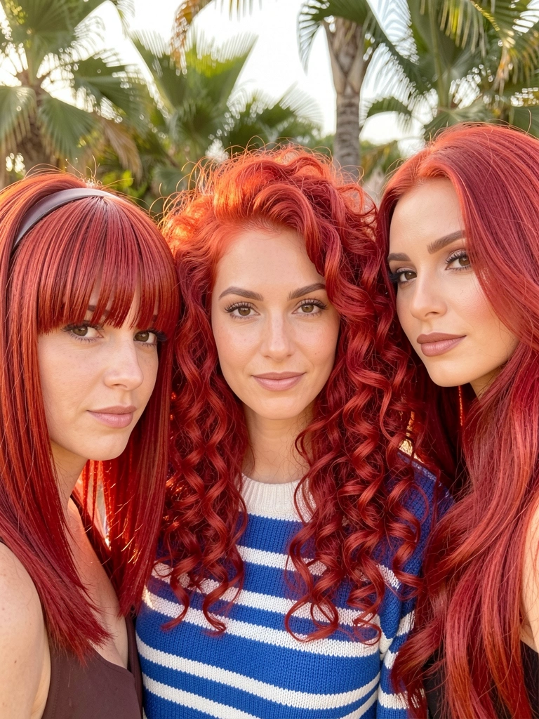 Close-up de três mulheres com cabelos ruivos vibrantes em diferentes texturas: franja em camadas com headband, cachos volumosos com suéter listrado e fios longos e soltos, luz natural difusa e folhagem tropical ao fundo.