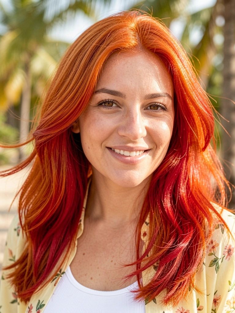 Mulher de cabelos ruivos vibrantes com blusa branca e floral amarela, fundo tropical desfocado e luz natural difusa.
