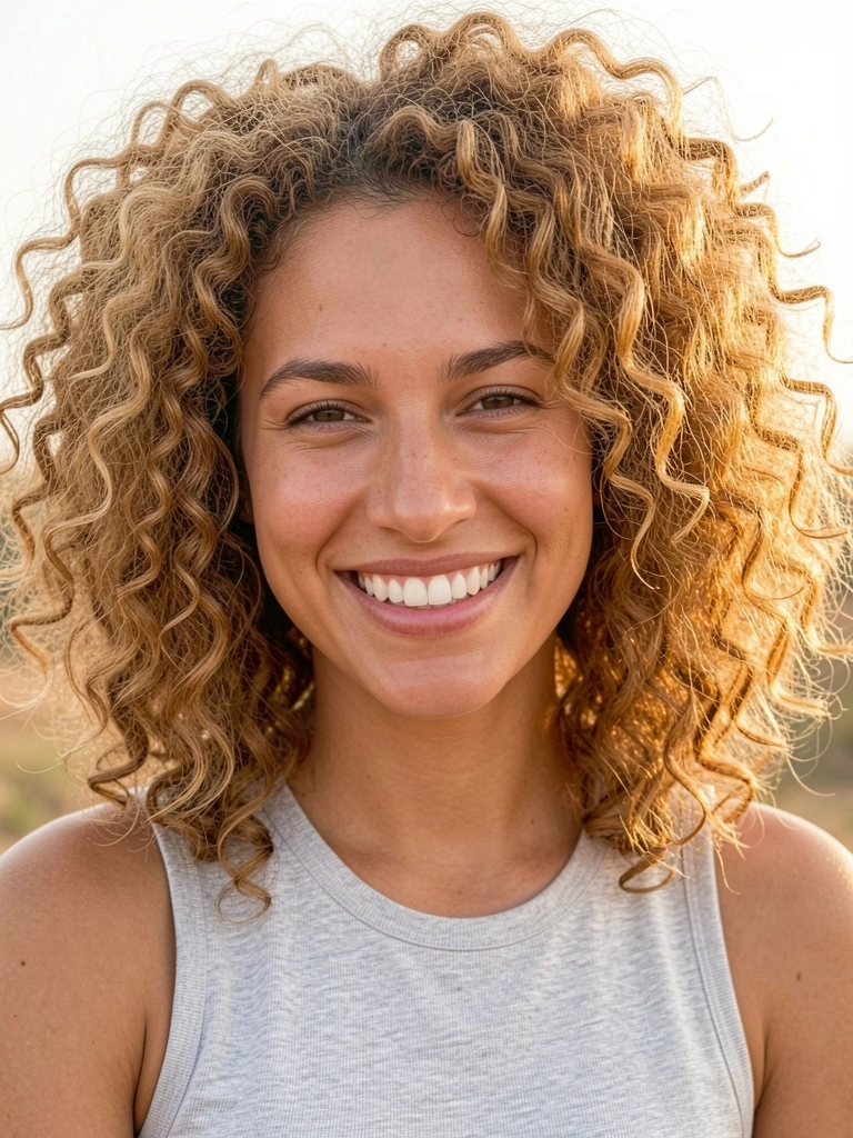 Retrato de mulher com cabelos cacheados castanho-dourados volumosos, sorriso genuíno, regata cinza claro, luz natural suave ao ar livre.