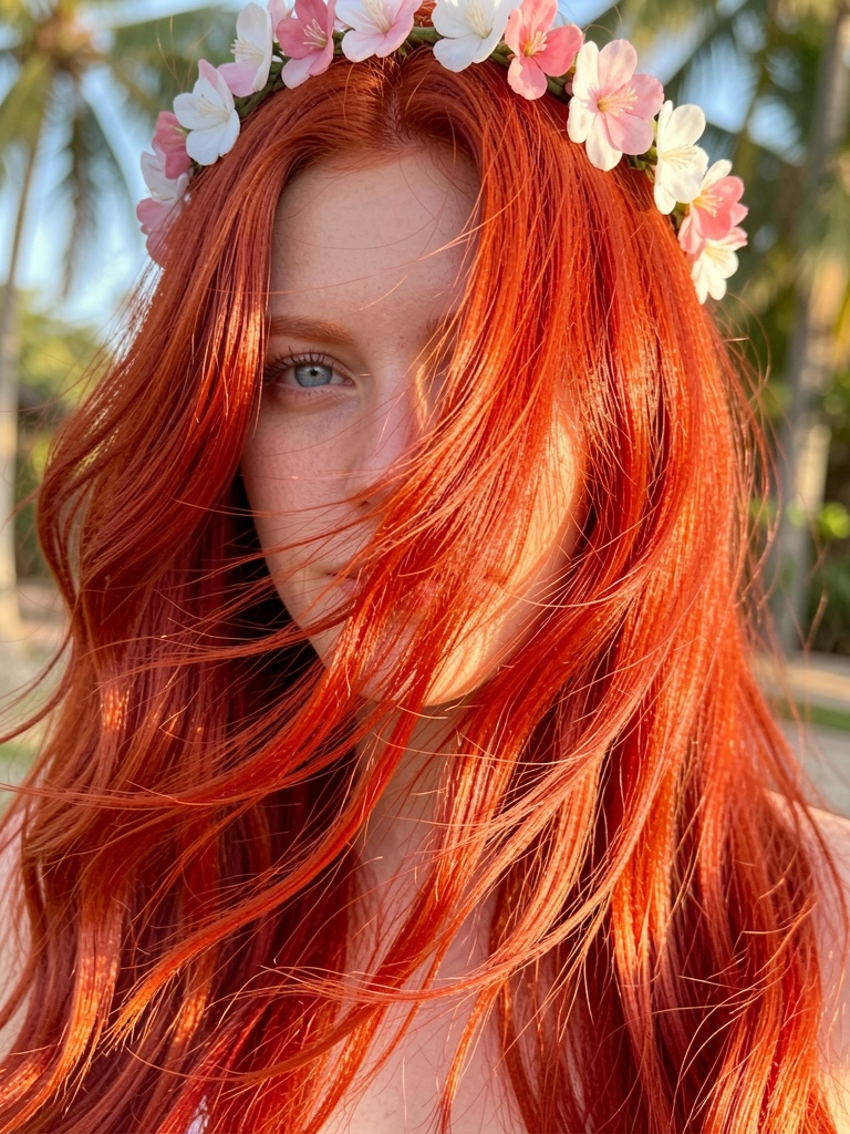 Mulher com cabelo ruivo intenso e ondas soltas, coroa de flores rosas e brancas, olhos azuis, luz natural suave, fundo desfocado.