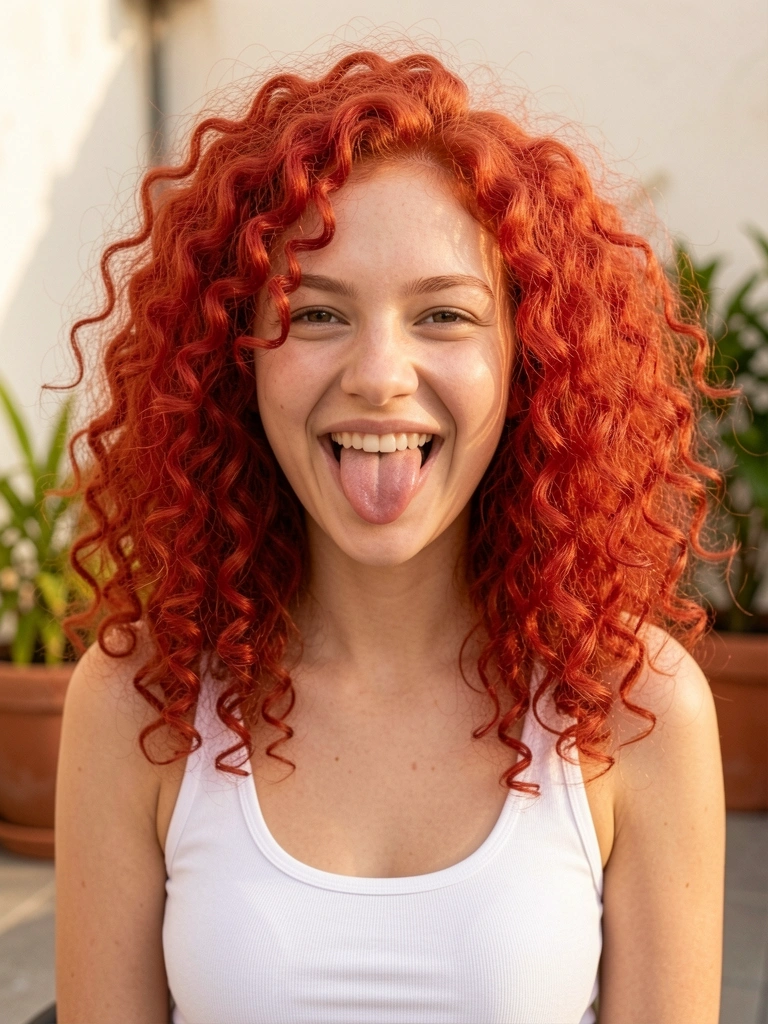 Mulher com cabelo ruivo cacheado volumoso, camiseta branca, língua de fora, sorrindo, luz natural, fundo com planta verde desfocada.