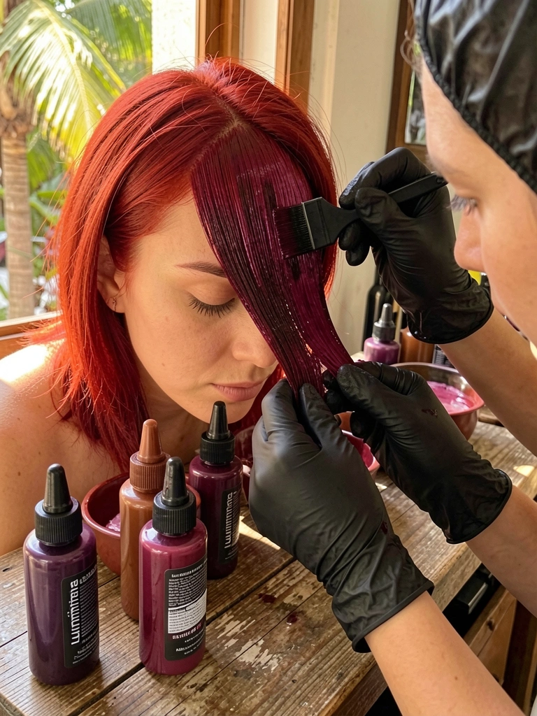 Mãos com luva preta aplicam tinta vermelha vibrante em cabelo ruivo, pincel preto, frascos Luminina em bancada de madeira gasta, luz natural quente.