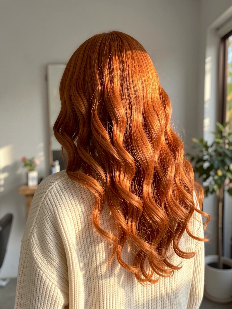 Mulher de cabelos ruivos longos e ondulados em suéter creme de tricô grosso, luz natural suave e fundo minimalista com planta.