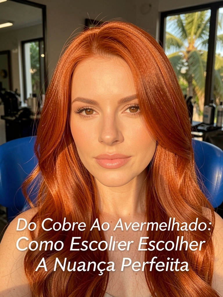 Mulher de cabelo ruivo vibrante em salão com cadeira azul ao fundo, luz quente difusa destacando textura dos fios e pele radiante.