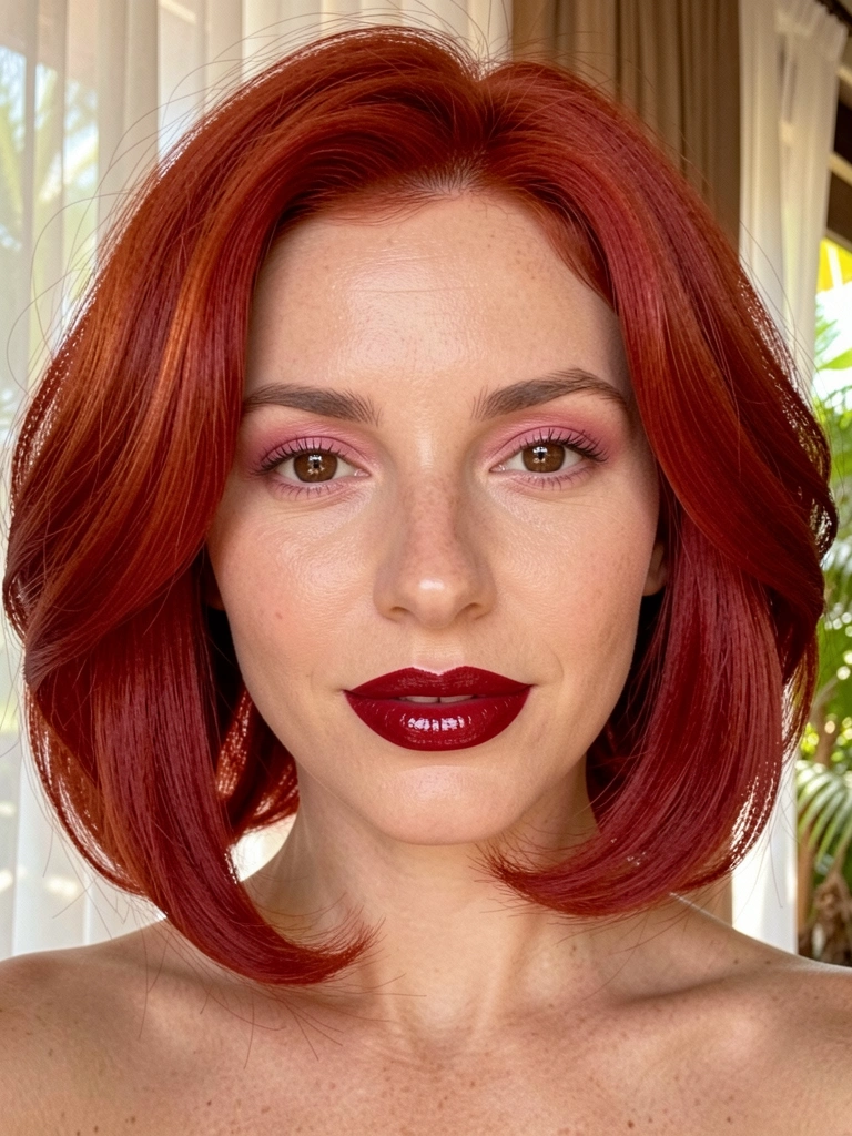 Cabelo ruivo volumoso em corte bob ondulado, pele com glow natural, lábios vermelhos glossy e olhos com sombra rosa, luz difusa e quente.