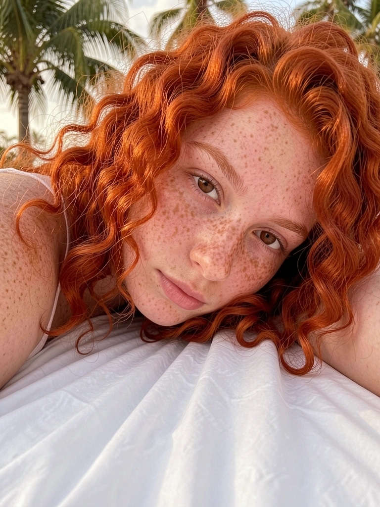 Jovem com cabelos ruivos cacheados e sardas deita-se em lençol branco, olhando para a câmera com expressão contemplativa sob luz natural quente.