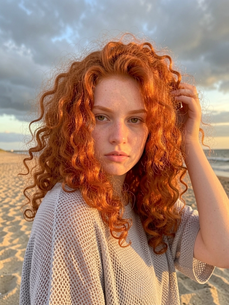 Mulher com cabelo ruivo cacheado tocando os fios, blusa cinza clara, praia ao pôr do sol com céu nublado e luz dourada.
