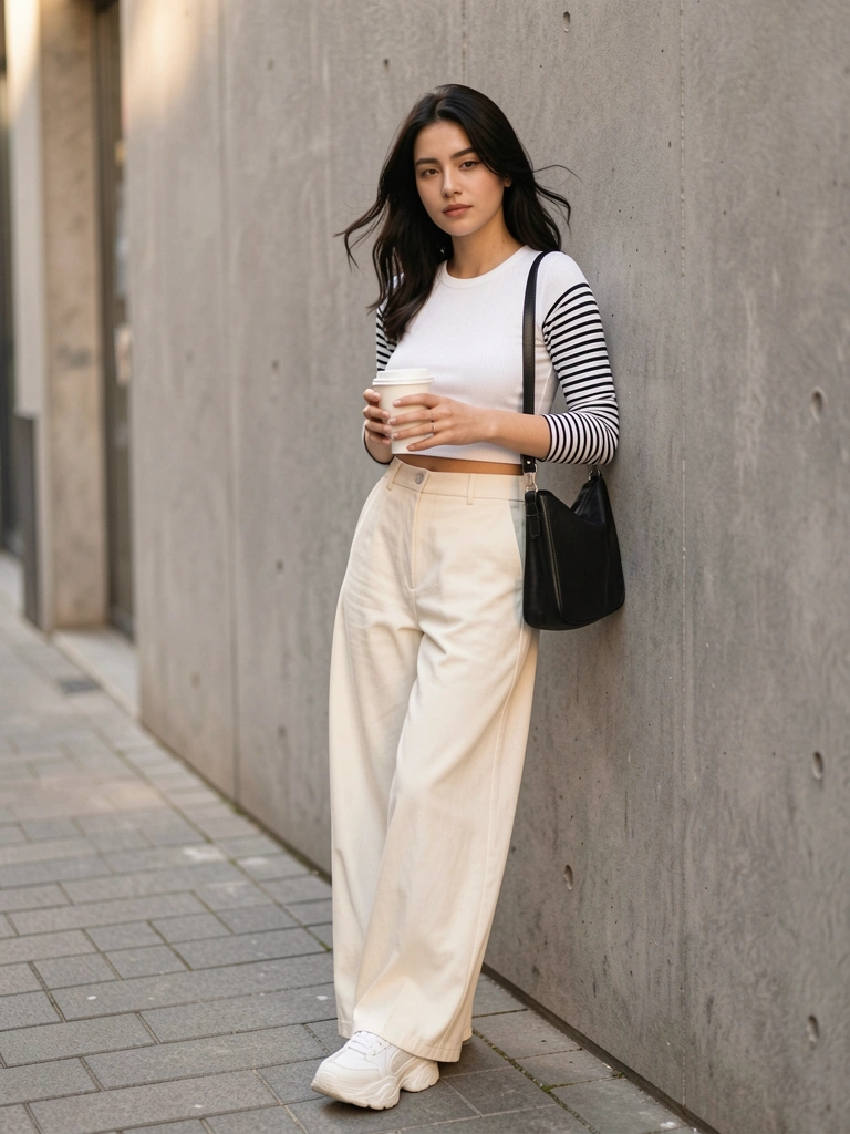 Mulher de cabelo escuro encostada em parede de concreto, segurando copo de café branco e bolsa preta, calça creme larga e tênis branco, luz natural do dia.