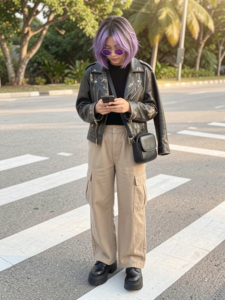 Mulher com suéter preto, jaqueta de couro desgastada, calça bege wide-leg, botas plataforma e bolsa transversal, em faixa de pedestres com árvores ao fundo sob luz natural.