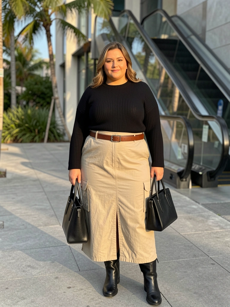 Mulher plus size com suéter preto de tricô, saia cargo bege, cinto marrom e botas de couro, em calçada com prédio moderno ao fundo, luz natural e profundidade de campo rasa.