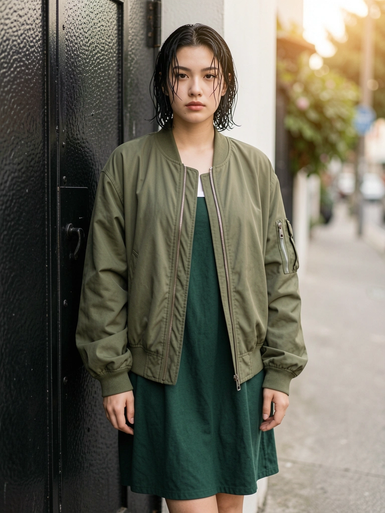Mulher de cabelo preto curto e jaqueta verde oliva aberta sobre vestido verde escuro, encostada em porta metálica texturizada com fundo urbano desfocado e luz natural suave.