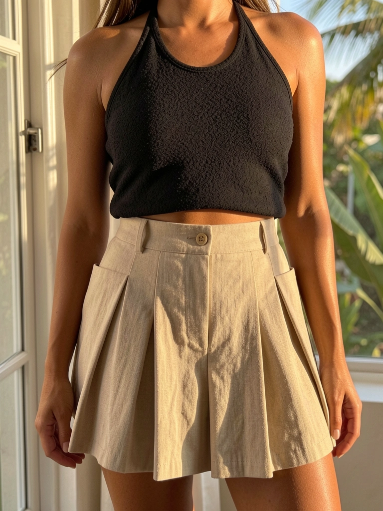 Close-up de mulher com top preto texturizado e saia bege plissada de cintura alta, luz solar difusa e fundo suave.