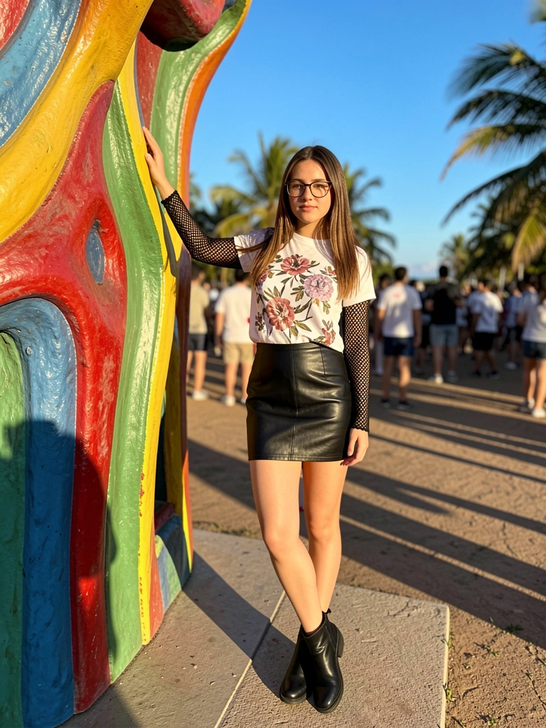 Mulher de cabelo castanho e óculos, camiseta floral, blusa de manga de renda preta, saia de couro preta e botas, mão em escultura abstrata colorida ao ar livre, luz solar intensa, multidão desfocada ao fundo.