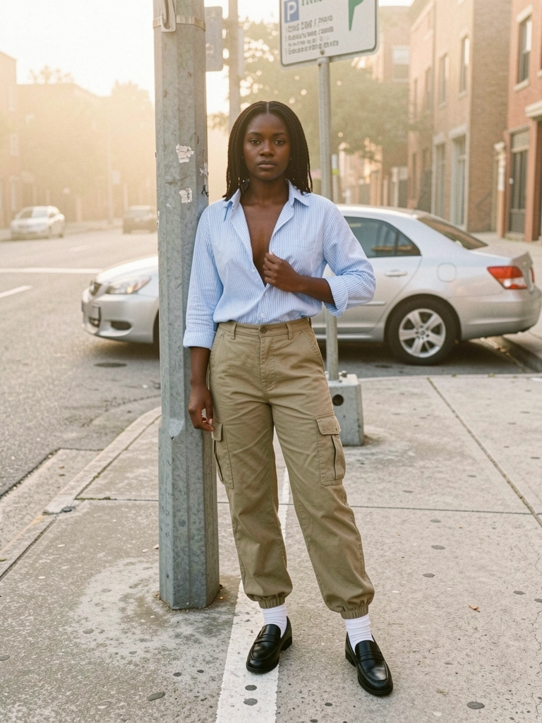 Mulher negra jovem em camisa listrada azul, calça cargo cáqui e sapatos de couro preto, encostada em placa de rua em calçada de concreto com linha pintada de branco, carro prata ao fundo.