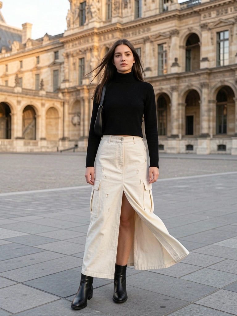 Mulher de gola alta preta e saia cargo creme com fenda em frente ao Louvre, pedra cinza, luz natural difusa e tecidos texturizados.
