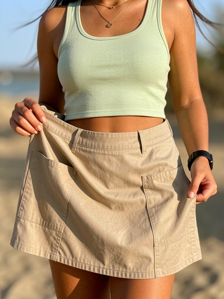 Jovem com cropped verde-claro e saia cáqui com bolsos, segurando o tecido, luz natural e fundo desfocado.