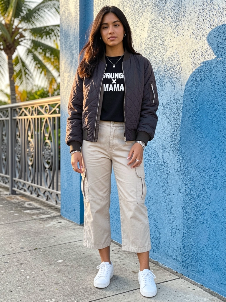 Mulher com jaqueta bomber acolchoada escura e calça cargo bege em calçada, parede de textura azul e grade metálica à esquerda, luz natural quente.