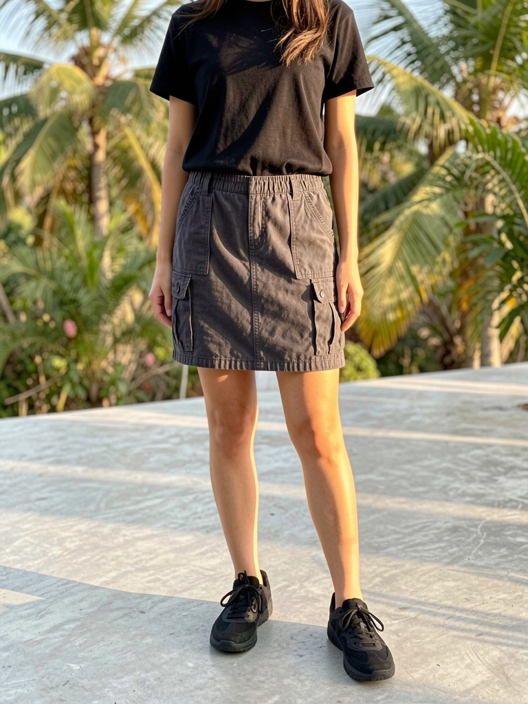 Mulher jovem de camiseta preta e saia cargo cinza escura com múltiplos bolsos, tênis preto, em pé sobre piso de concreto cinza claro, luz natural quente.