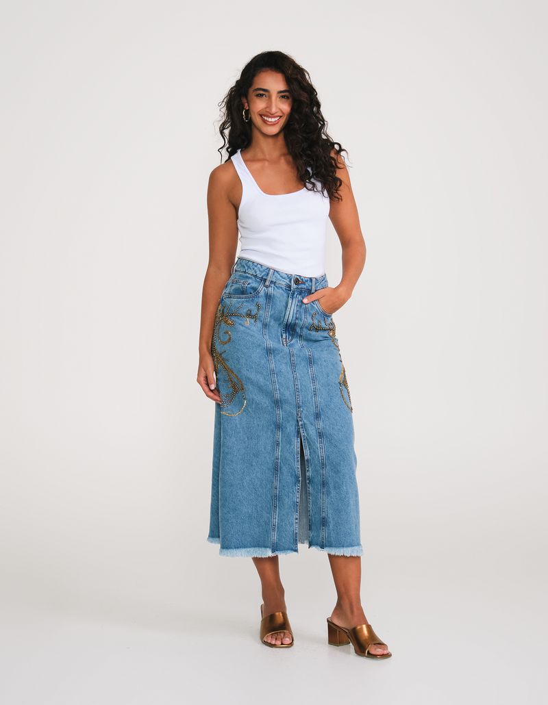 saia jeans animale fenda traseira