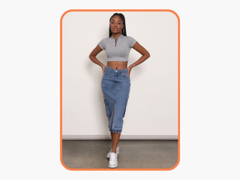 saia midi jeans com fenda frontal