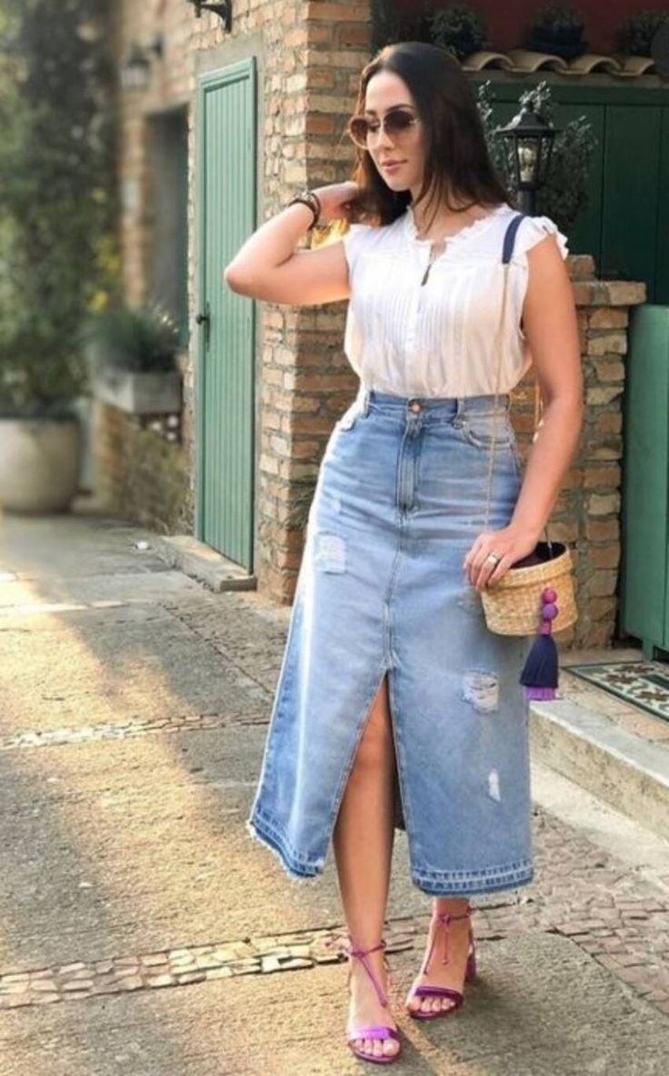 saia jeans midi azul com fenda