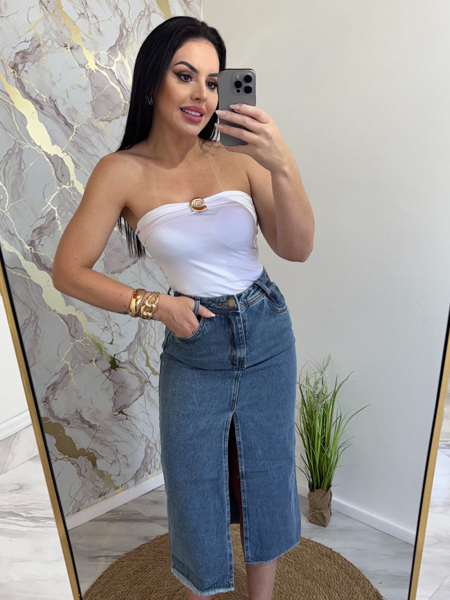 saia midi jeans com fenda lateral