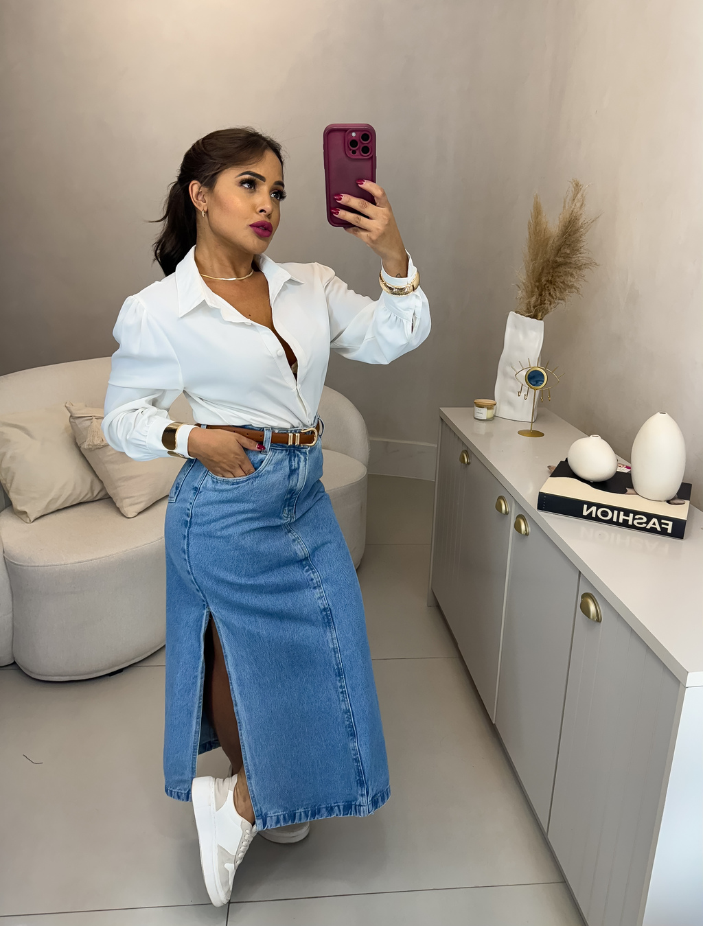 saia midi jeans preta com fenda