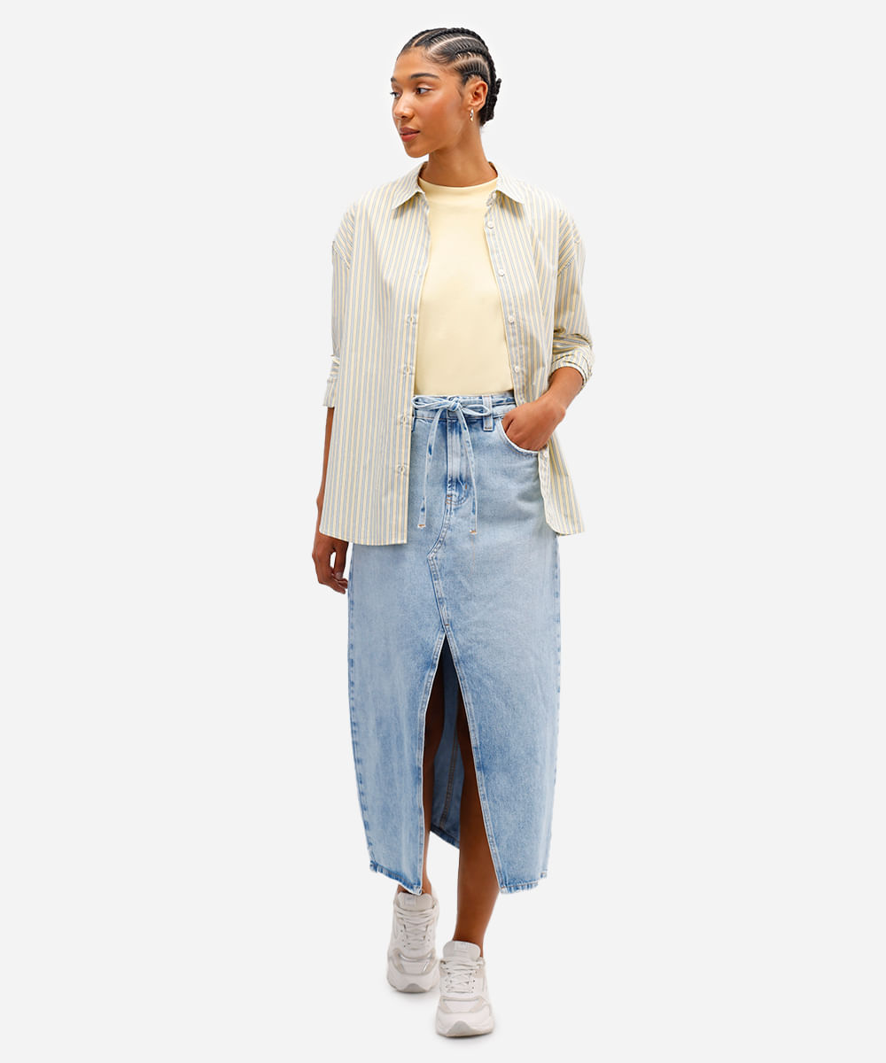 saia midi jeans com fenda slim