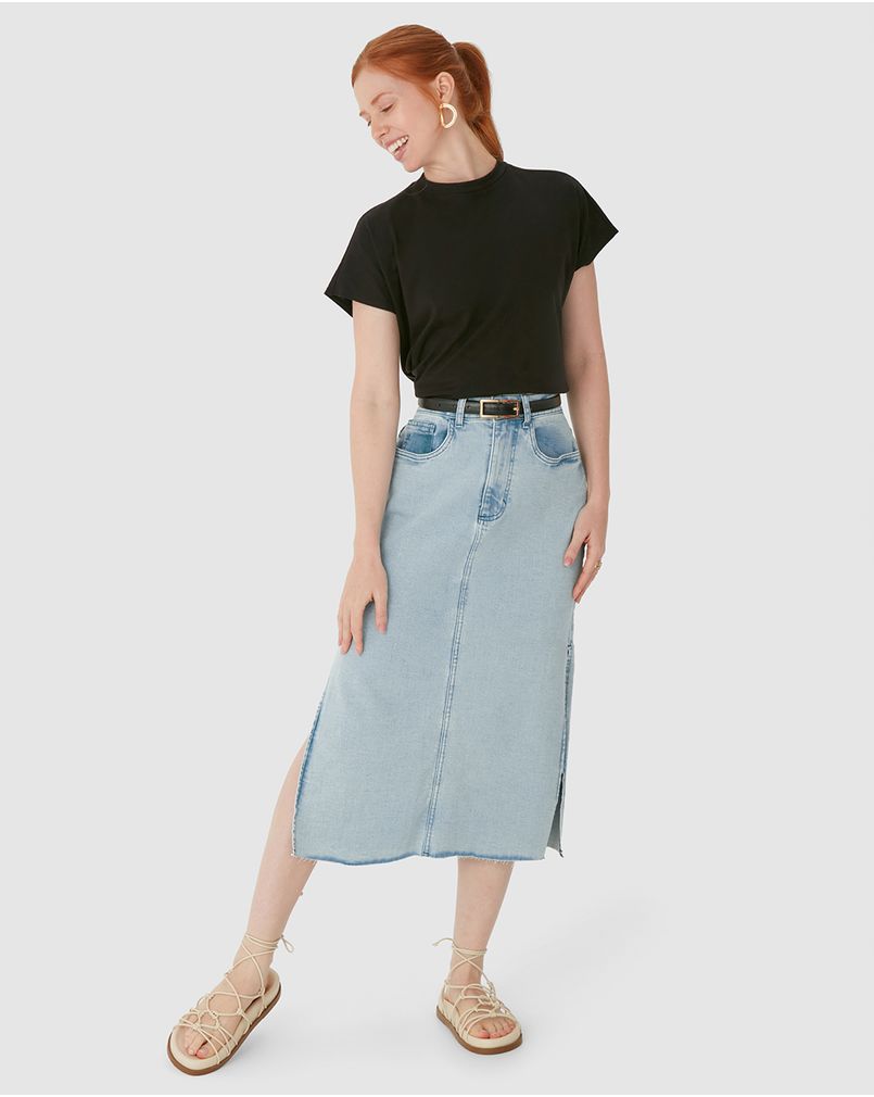 saia midi jeans com fenda lateral