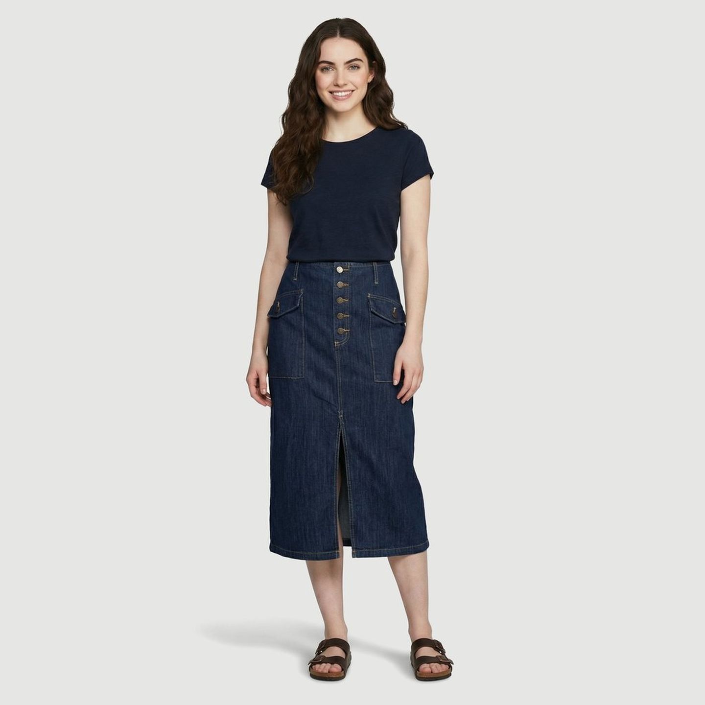 saia jeans midi azul com fenda