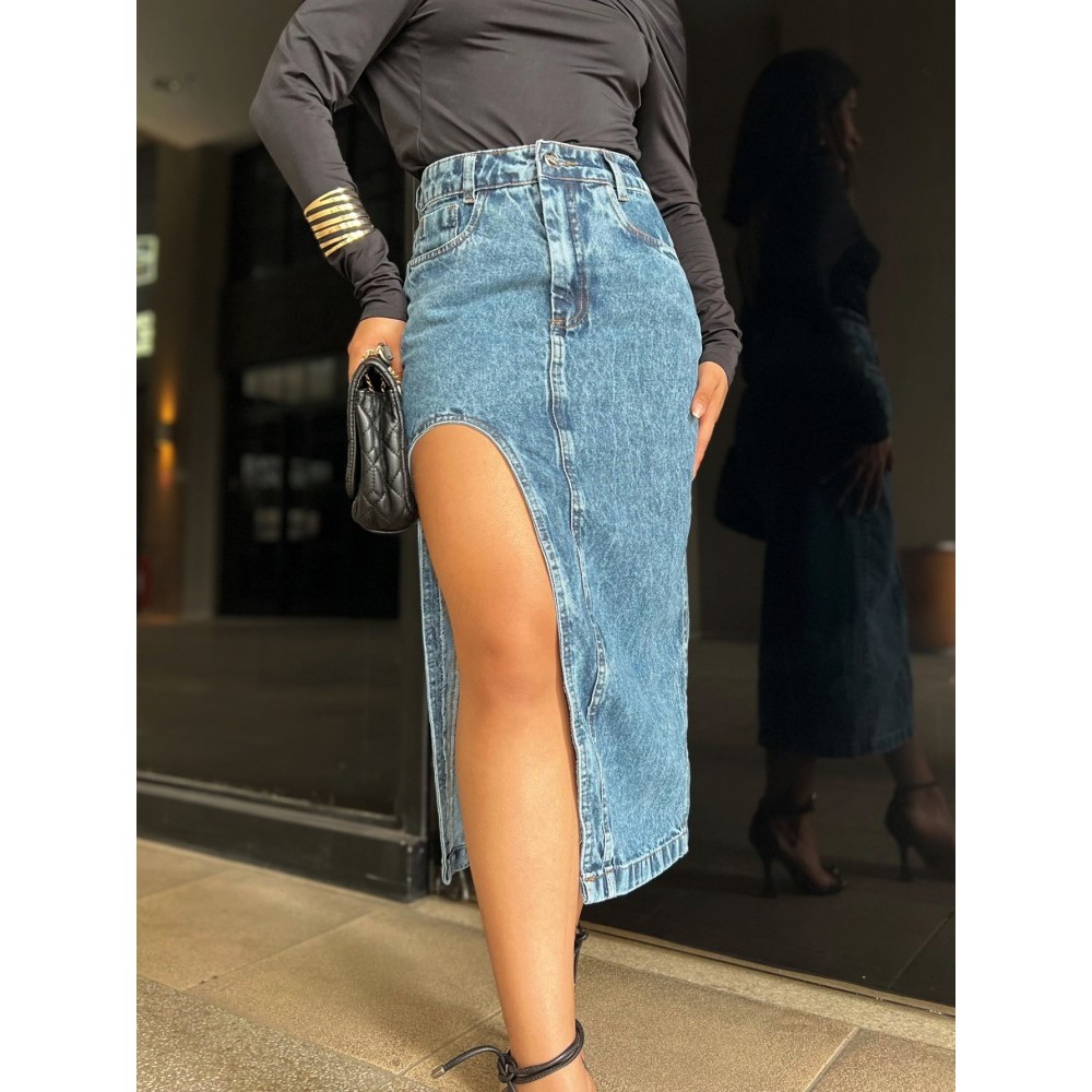 saia jeans midi cintura alta fenda