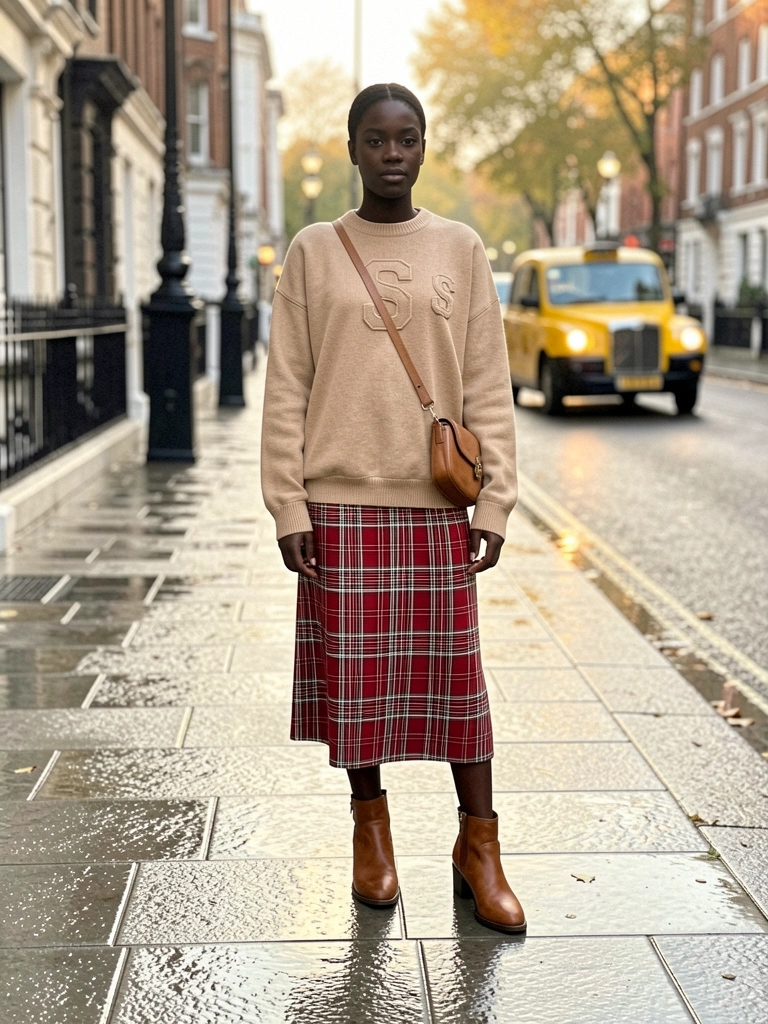 Mulher negra com suéter bege bordado, saia xadrez vermelha e botas marrons em calçada molhada refletindo prédios, táxi amarelo desfocado ao fundo.