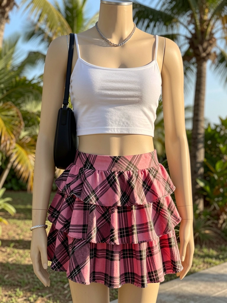 Blusa branca de alças finas combinada com saia plissada xadrez rosa e preta, bolsa preta pendurada no ombro, luz natural tropical.