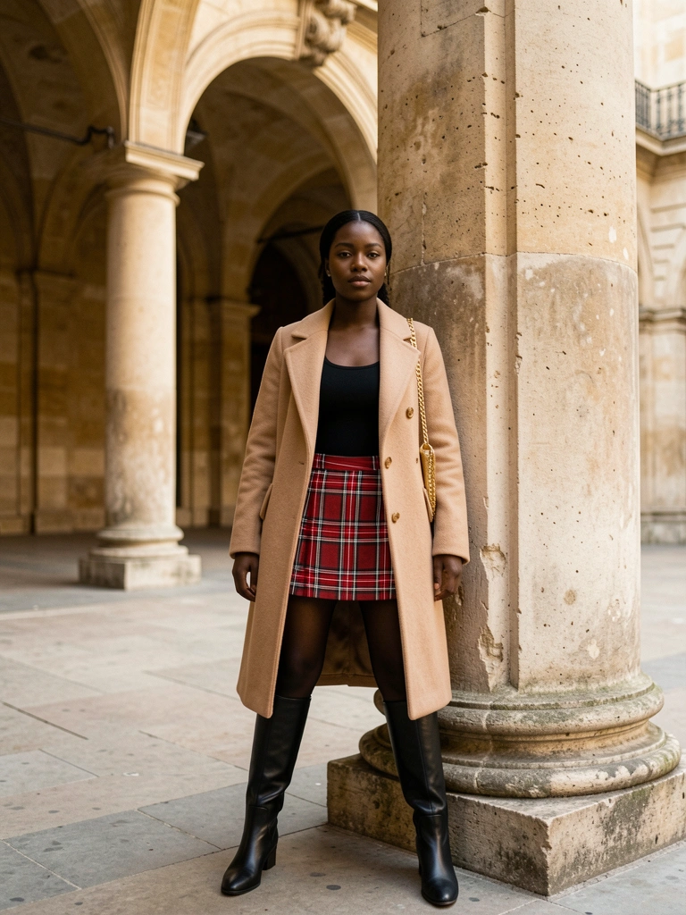 Jovem negra de casaco bege e saia xadrez vermelha e branca em pátio parisiense com colunas de pedra, luz natural difusa.