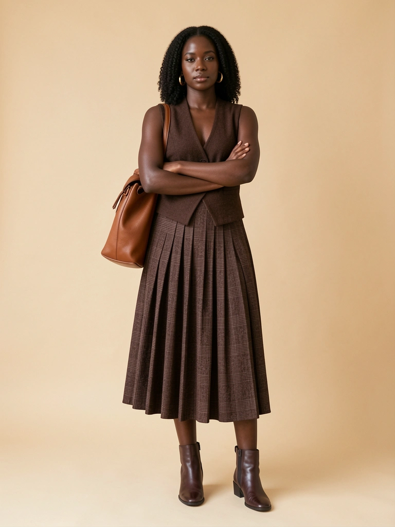 Mulher negra de braços cruzados, saia plissada xadrez marrom escuro, colete justo, bota de couro, bolsa a tiracolo, fundo bege claro, luz natural difusa.
