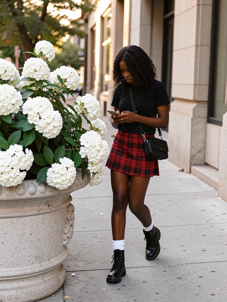 Mulher negra de cabelo curto, camiseta preta e saia xadrez vermelha e preta caminha em calçada de concreto, segurando bolsa transversal e olhando para o celular, com flores brancas em jardineira de pedra ao lado.