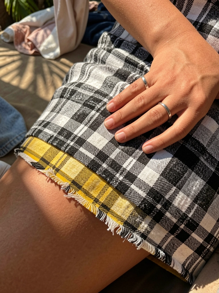 Saia xadrez preta e branca com forro amarelo e bordas desfiadas, mão feminina com anel de prata tocando o tecido, luz natural quente.