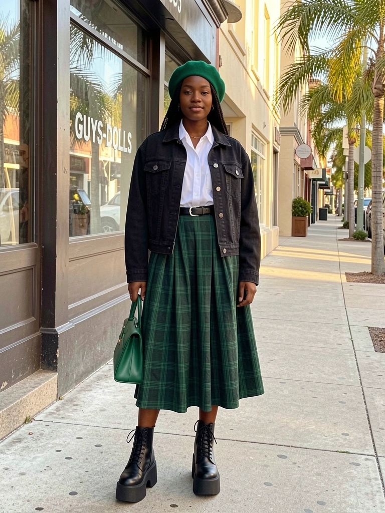Mulher negra jovem em saia plissada verde-escura e jaqueta jeans preta, em calçada urbana com loja 