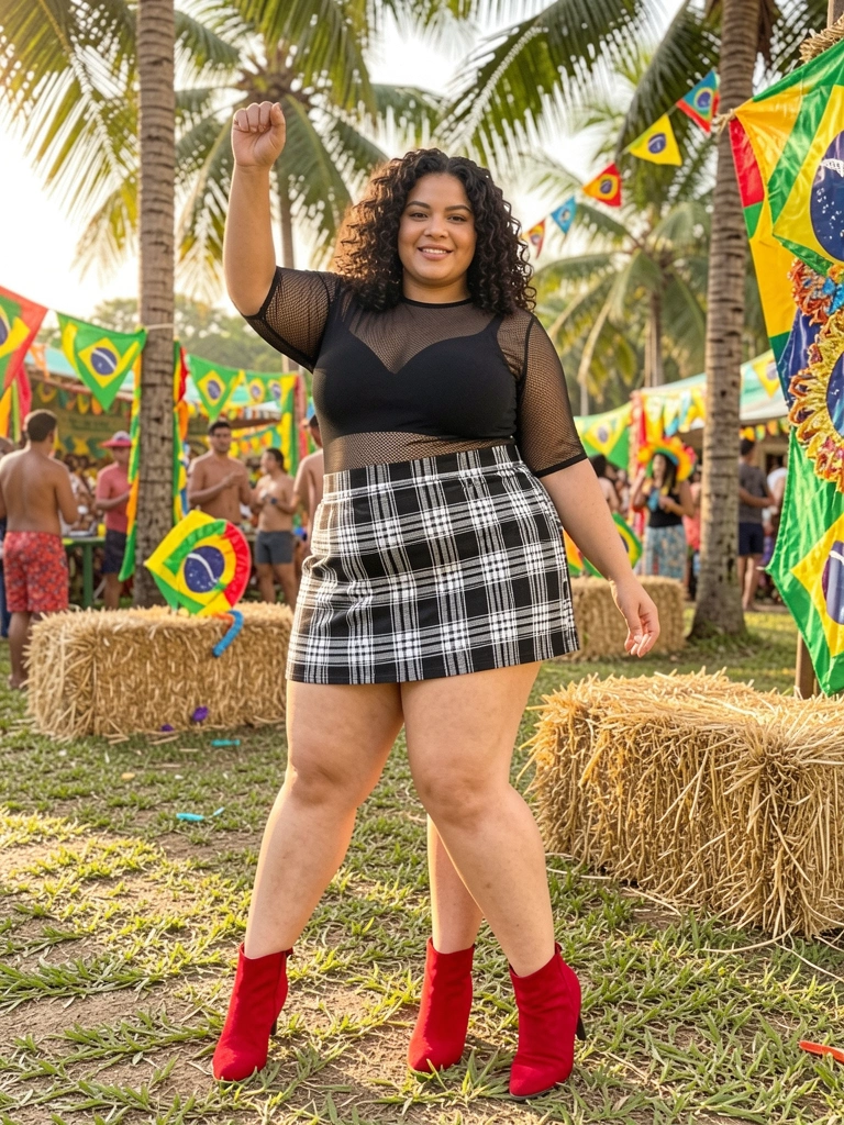 Mulher plus size com saia xadrez preto e branco e bota vermelha, em pose descontraída ao ar livre com palmeiras e fardos de palha ao fundo, luz natural de dia.