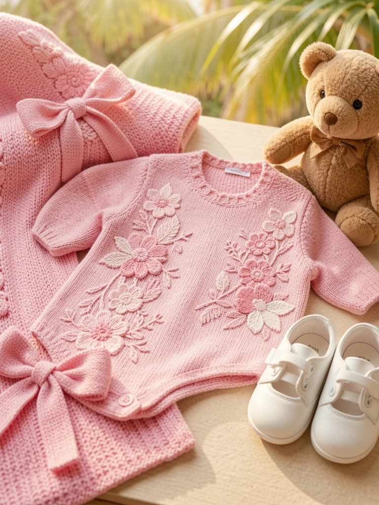 Pink knitted baby outfit with floral embroidery, lace, and a matching blanket with bow, teddy bear and white shoes on soft fabric, natural daylight highlighting textures.