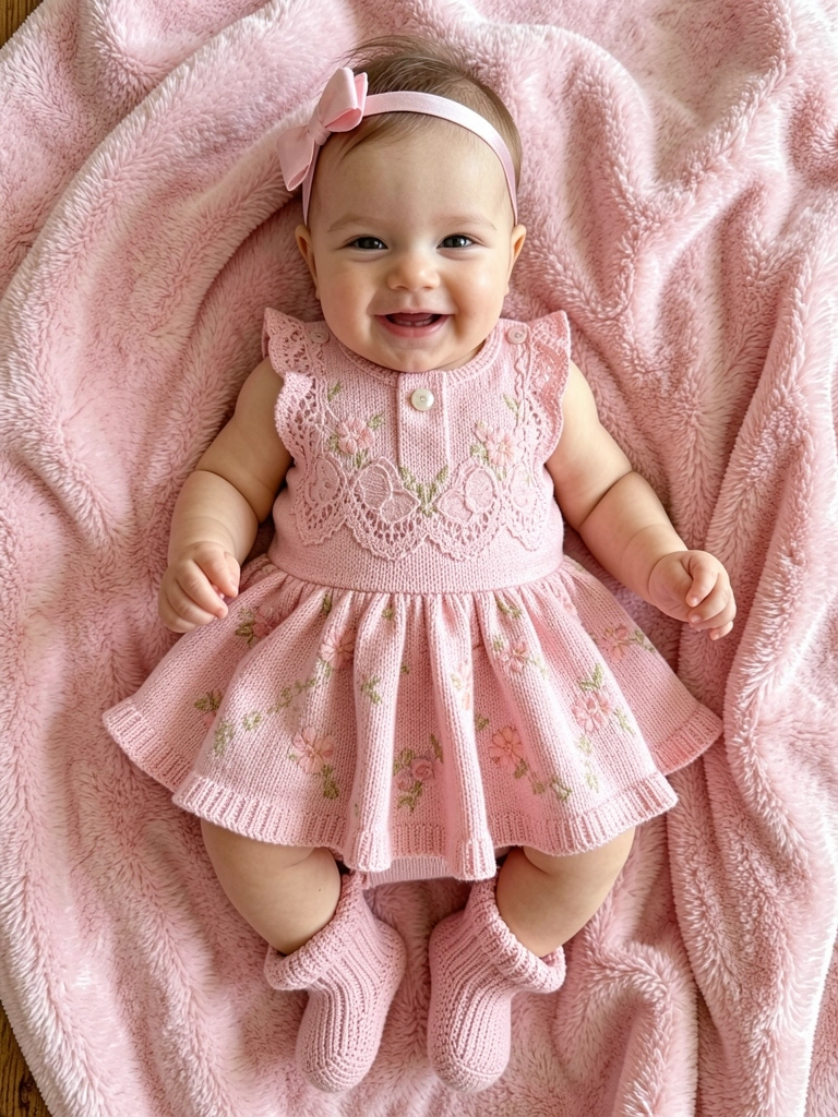 Macacão rosa com laço e botão de pérola, sapatinhos e manta felpuda sobre mesa de madeira clara, iluminação natural suave.