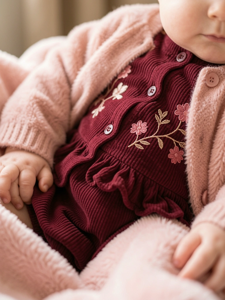 Bebê em macacão de veludo cotelê bordô com saia franzida e casaqueto blush, deitada em manta rosa clara, luz natural suave.