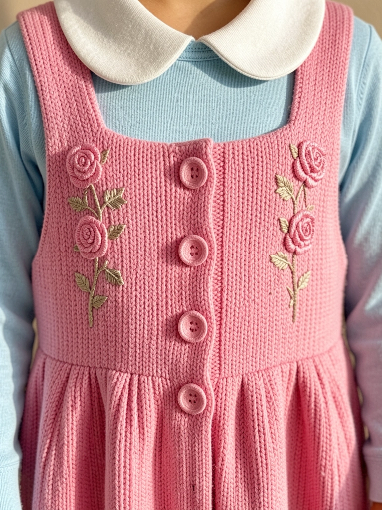 Vestido overall rosa de malha texturizada com gola branca e bordados de rosa, combinado com camisa azul clara, luz natural suave e fundo neutro.